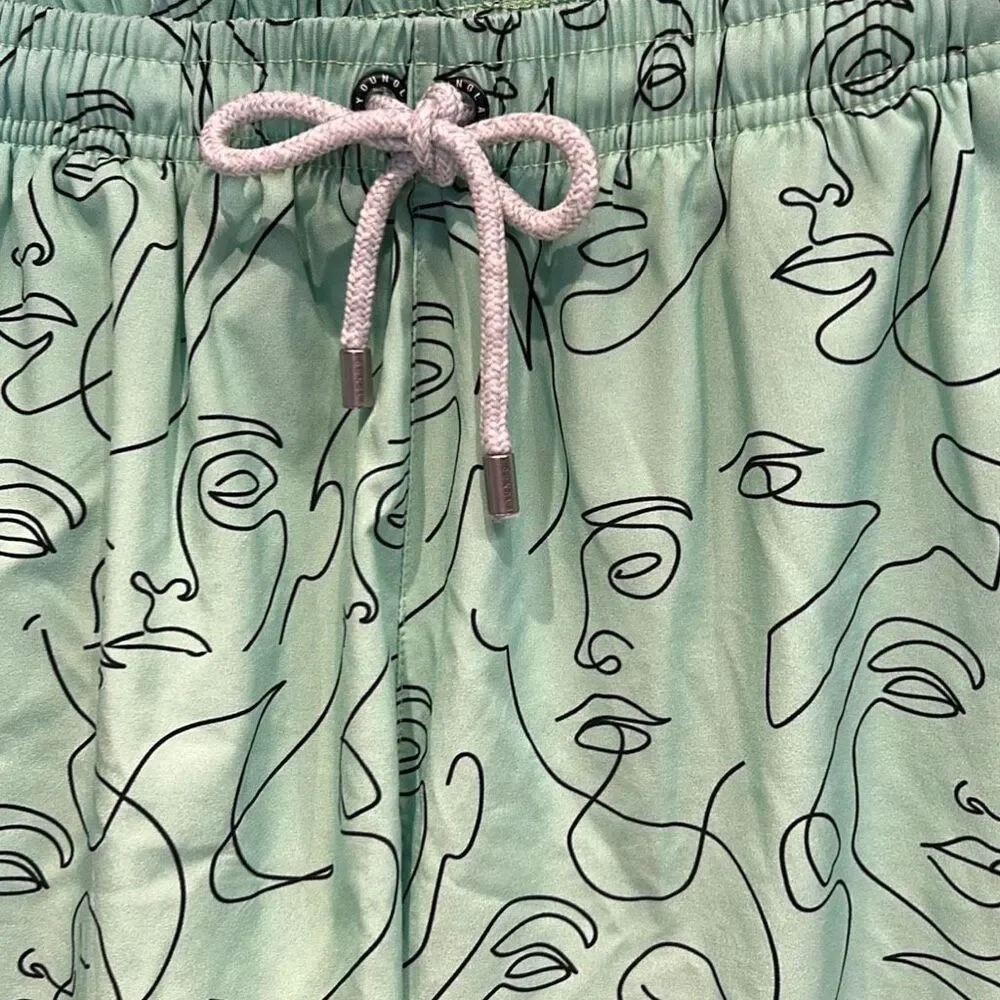 YoungLA Mint Green Abstract Face Line Art Swim Shorts Sz Large *NO MESH LINING*